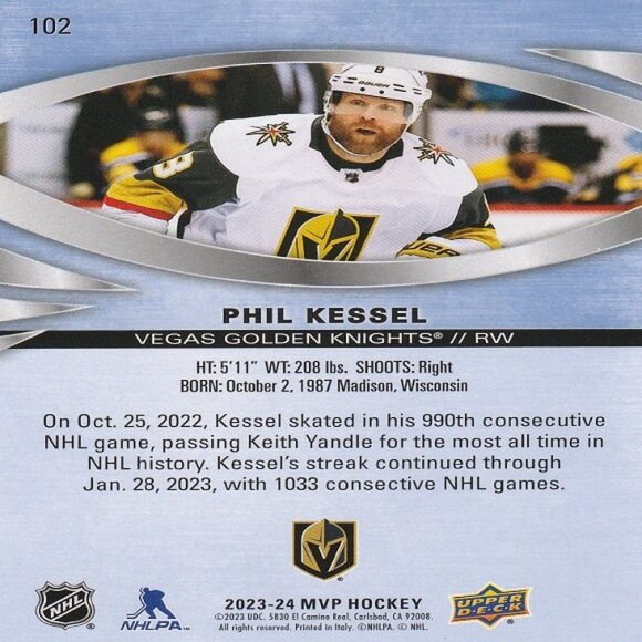 Phil Kessel - 2023/2024 Upper Deck MVP Hockey Card - Picture 2 of 2
